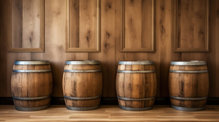 Four wooden barrels on wooden background in cellar of vinery. Generative AI