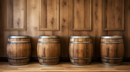 Fototapeta premium Four wooden barrels on wooden background in cellar of vinery. Generative AI