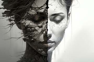 World broken in two, black and white, abstraction of woman face