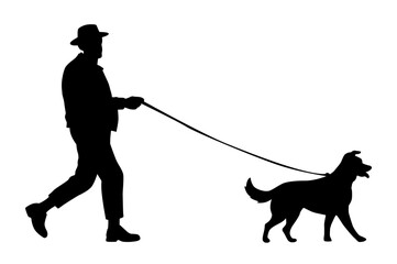 Old man walking with dog, man with pet silhouette