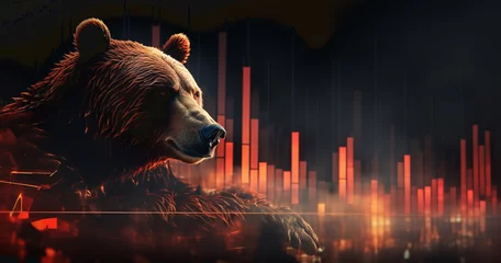 Wandcirkels aluminium bull and bear market concept with stock chart digital crisis red price drop down chart fall, stock market bear finance risk trend investment business and money losing moving economic © Nataliia