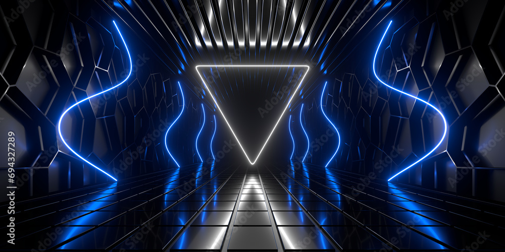 Poster Sci Fi neon glowing lines in a dark tunnel. Reflections on the floor and ceiling. Empty background in the center. 3d rendering image. Abstract glowing lines. Technology futuristic background.
