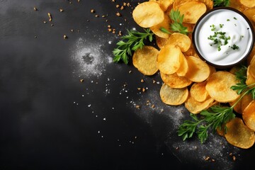 Potato chips with sour cream and parsley on a black background. copy space - obrazy, fototapety, plakaty