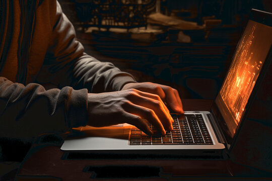 Silhouette of a man in an office working with a virtual interface. 3D illustration