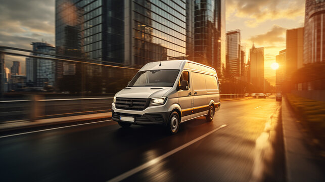 Super fast delivery of package service with van with wheels on fire.