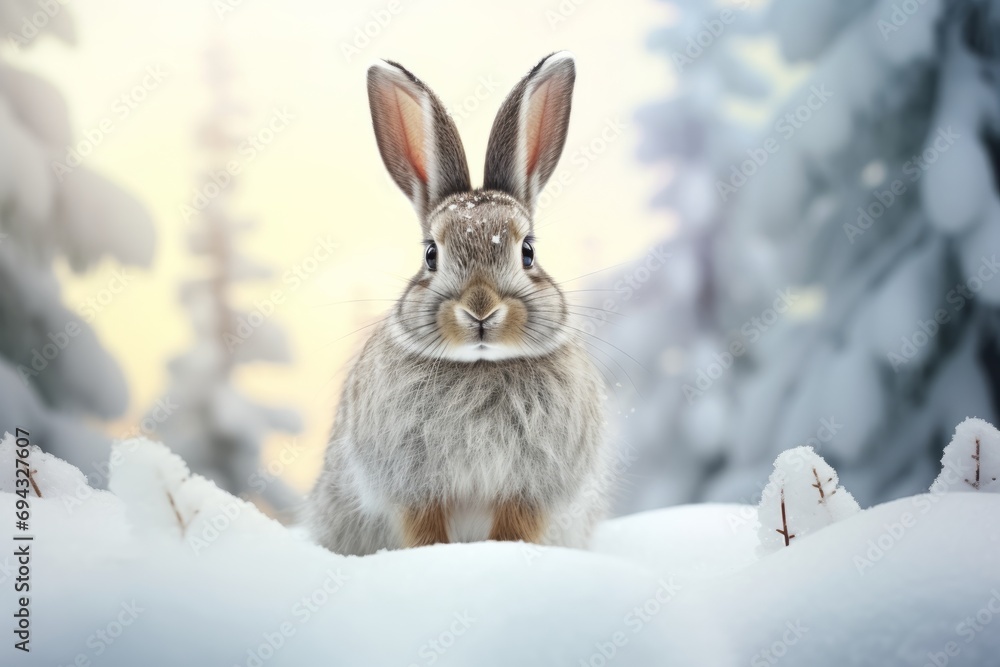 Wall mural Cute hare on snow in winter forest. Animal in nature - Wall murals