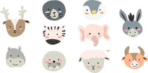 Cute domestic and wild animals heads or portraits including a cow, dog, seal, walrus, deer, elephant, zebra, donkey, lamb, penguin, hippo Vector illustration