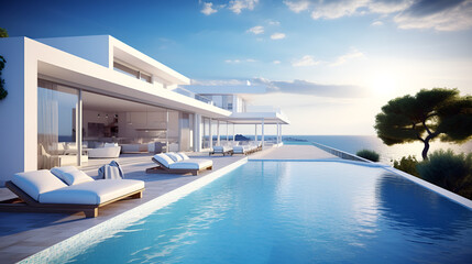 White Luxurious House Near An Ocean Background, 3d Illustration.AI Generative 