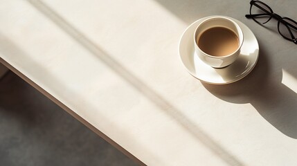 Overhead view of a minimalist coffee table with an open book, a steaming cup of coffee, and reading glasses casting shadows