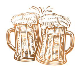 Two toasting beer mugs. Clinking glass tankards full of beer and splashed foam. Cheers, vector illustration