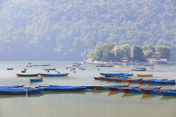 Fototapeta premium lakeview of Phewa lake in nepal, pokhara and the far view of Tal Barahi Temple 