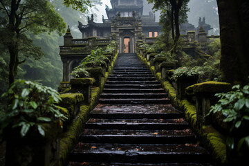 Mystical Ascent: The Mossy Stairs of a Fog-Enshrouded Shinto Temple