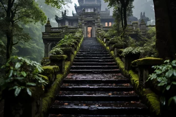 Foto op Canvas Mystical Ascent: The Mossy Stairs of a Fog-Enshrouded Shinto Temple © LAJT
