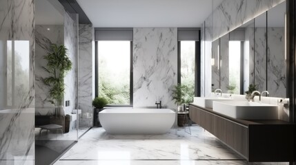 realistic bathroom interior design with marble panels. Bathtub, towels and other personal bathroom accessories. Modern glamour interior concept. Roof window. Template - obrazy, fototapety, plakaty