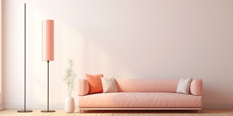 Simple living room with a peach lamp, beige couch, and pink rug, surrounded by plastic tubes, with copy space on white wall.