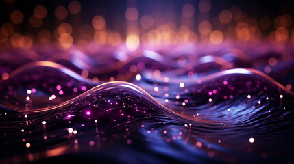 Digital purple particles wave and light abstract background with shining dots stars. AI generate