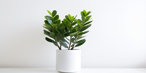 Zamioculcas in white flower pot on white table, home gardening and minimal decor concept.
