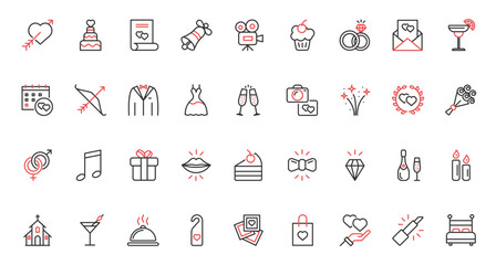 Rings jewelry gift love marriage, cake cocktails and champagne for banquet, envelope with invitation, music and fireworks symbols. Wedding trendy red black thin line icons set vector illustration.