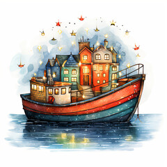 Vibrant Whimsical Christmas Boat Illustration Capturing Festive Spirit