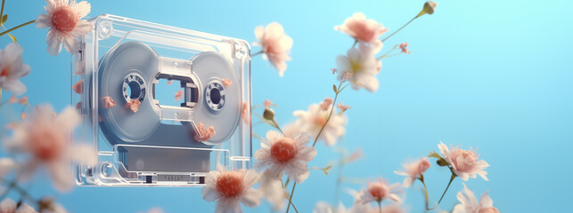 
transparent retro music cassette with flowers on pastel background