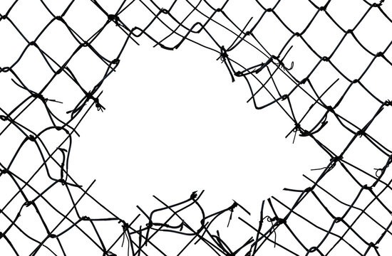 The texture of the metal mesh on a white background. Torn steel, metal mesh with holes. fence
