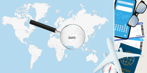 Afghanistan is magnified over a World Map, illustration with airplane, passport, boarding pass, compass and eyeglasses.