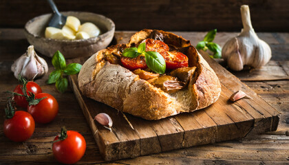 apulian country bread with roasted ox heart tomatoes and garlic, generative ki - obrazy, fototapety, plakaty
