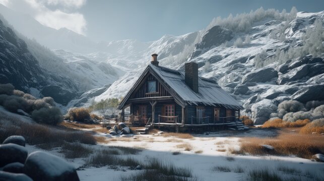 a snow covered mountain with a cabin