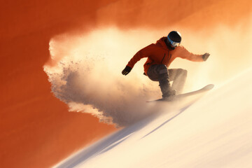 Man gliding down on snowboard on a steep slope
