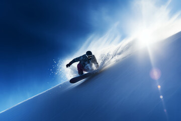 Man gliding down on snowboard on a steep slope