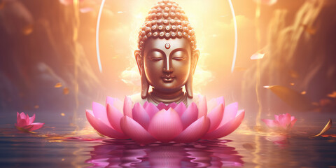 glowing golden buddha face on pink pastel lotus with halo chakra around head, nature background with 3d flowers - obrazy, fototapety, plakaty
