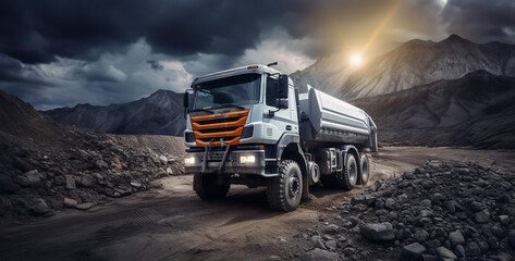 truck on the road, profile photo of an orange Kamaz dump truck in the truck