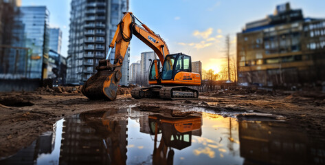 site in the city, photo of an orange excavator in the city during karnn excavator at work