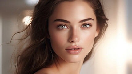 Naklejka premium Beautiful smiling glamour and elegance female skin care model with smooth and flawless skin, bright smile, long healthy hair and bright eyes