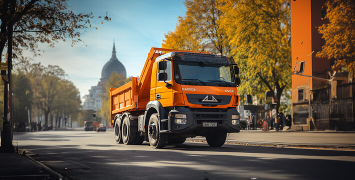 truck on the road, profile photo of an orange Kamaz dump truck in the truck