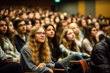 Obraz premium Lecture in a university auditorium to a group of students, close-up. AI generated.