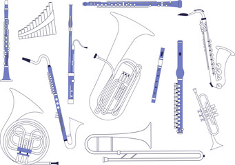 Set of wind musical instruments.Vector images of brass band items.