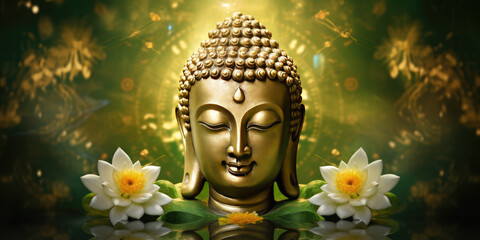 glowing golden buddha head with halo chakra around head, nature green background with 3d flowers - obrazy, fototapety, plakaty
