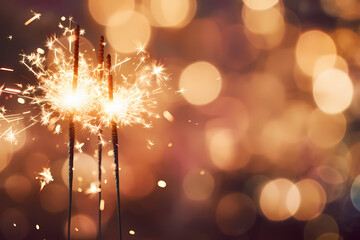 Closeup of pair of sparkling sparklers and vague background