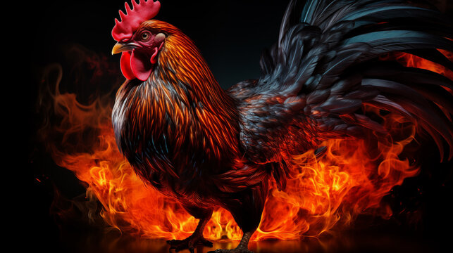Black rooster standing on fire background, on black background