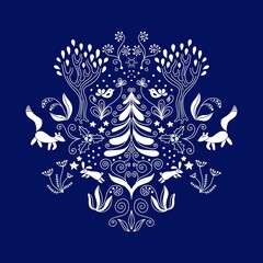 Symmetrical composition of winter forest life in white color on blue background in Scandinavian style. For postcards, greeting cards, cross-stitching, scrapbooking, wall art, prints for clothing etc