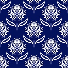 Seamless pattern of abstract white flowers on blue background, digital illustration. For wallpapers, wrapping paper, fabric, textile, products packaging and labels, book flyleaves, album covers etc.