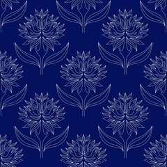 Seamless pattern of abstract white flowers on blue background, digital illustration. For wallpapers, wrapping paper, fabric, textile, products packaging and labels, book flyleaves, album covers etc.