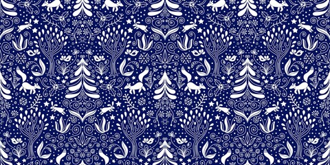 Seamless pattern of winter forest life in white color on blue background in Scandinavian style. For wallpapers, wrapping paper, fabric, textile, product packaging, scrapbooking, wall art etc