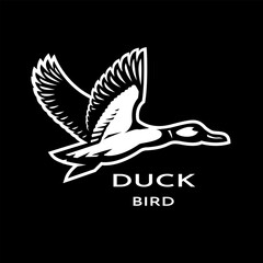 Flying duck logo on a dark background. - 694336248