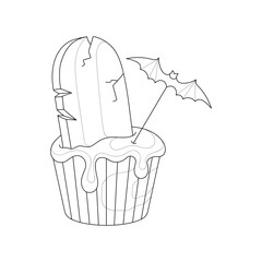 Halloween muffin with a bat. Vector illustration, coloring book.
