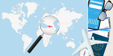 Georgia is magnified over a World Map, illustration with airplane, passport, boarding pass, compass and eyeglasses. - obrazy, fototapety, plakaty