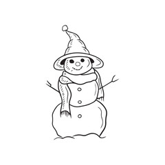 Cute happy snowman standing on the snow with witch hat and scarf in black isolated on white. Hand drawn vector sketch illustration in doodle vintage engraved style. Merry christmas, happy new year.