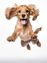 Cocker Spaniel puppy with happy face jumping pose isolated on white background created with Generative AI Technology