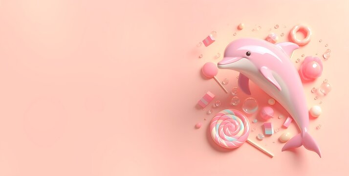 A pink dolphin with candies on a pastel  isolated background, AI-generated 
